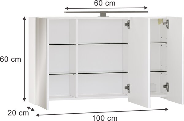 Koupelnová skříňka se zrcadlem Vicco Lavio Bílá 100 x 60 cm se 3 dveřmi a LED osvětlením, Model 55339