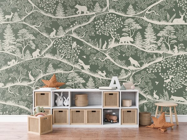 FUGU Dětská tapeta Severská příroda zeleno bílá – Nordic Nature Green White Materiál: Digitální eko vlies - klasická tapeta nesamolepicí