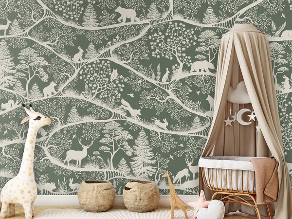 FUGU Dětská tapeta Severská příroda zeleno bílá – Nordic Nature Green White Materiál: Digitální eko vlies - klasická tapeta nesamolepicí