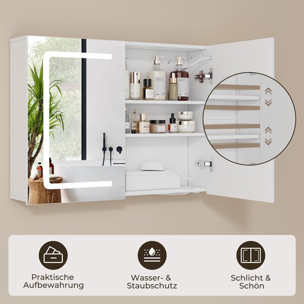 Zrcadlová skříňka BEALIFE, rozměry 80x60x16 cm, s regulovatelným LED osvětlením | Koupelnová skříňka s úložným prostorem a osvětlením | Bílá | AP85