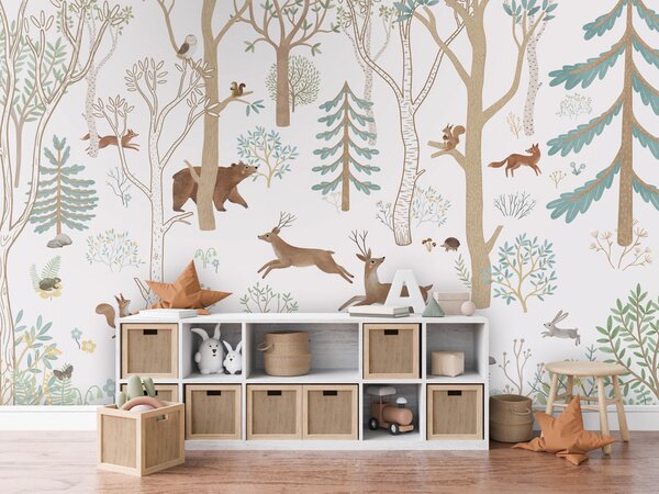FUGU Dětská tapeta Lesní zvířátka v pohybu modrá – Frisky Forest Blue Materiál: Digitální eko vlies - klasická tapeta nesamolepicí