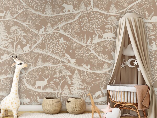 FUGU Dětská tapeta Severská příroda hnědo bílá – Nordic Nature Brown White Materiál: Digitální eko vlies - klasická tapeta nesamolepicí