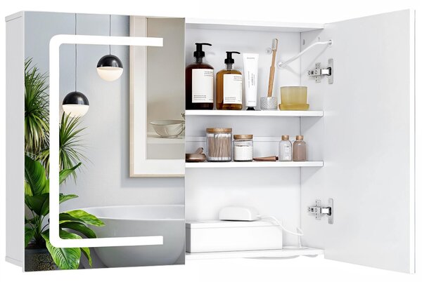 Zrcadlová skříňka BEALIFE, rozměry 80x60x16 cm, s regulovatelným LED osvětlením | Koupelnová skříňka s úložným prostorem a osvětlením | Bílá | AP85
