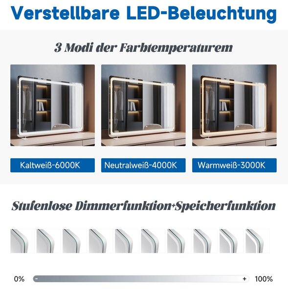 SONNI 100 x 70 x 3,5 cm bílé čtvercové toaletní zrcadlo s LED osvětlením a zásuvkou, k montáži na stěnu