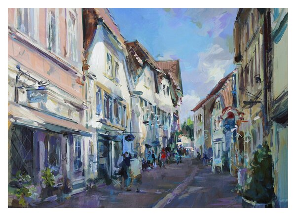 Skleněný obraz - Ulička starého města, akrylová malba (70x50 cm)