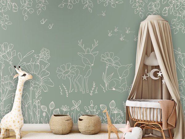 FUGU Dětská tapeta Srnky a květiny zelená – Deer Doodles Green Materiál: Digitální eko vlies - klasická tapeta nesamolepicí