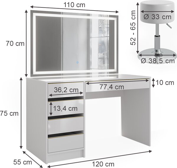 Toaletní stolek Vicco Sherry Bílá/zlatá 120 cm se zrcadlem LED a stoličkou, Model 47708