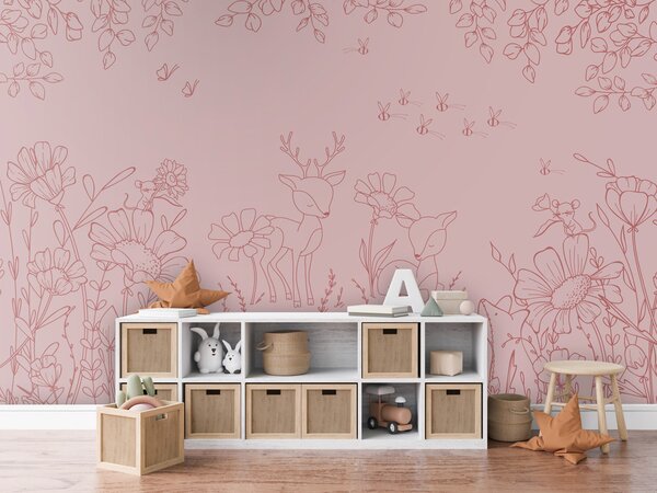 FUGU Dětská tapeta Srnky a květiny tmavě růžová – Deer Doodles Pink Dark Materiál: Digitální eko vlies - klasická tapeta nesamolepicí