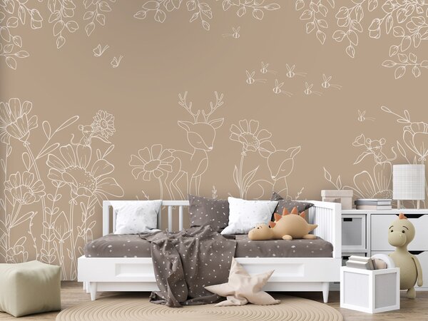 FUGU Dětská tapeta Srnky a květiny béžová – Deer Doodles Brown Materiál: Digitální eko vlies - klasická tapeta nesamolepicí