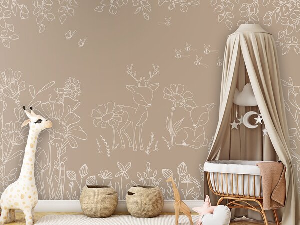 FUGU Dětská tapeta Srnky a květiny béžová – Deer Doodles Brown Materiál: Digitální eko vlies - klasická tapeta nesamolepicí