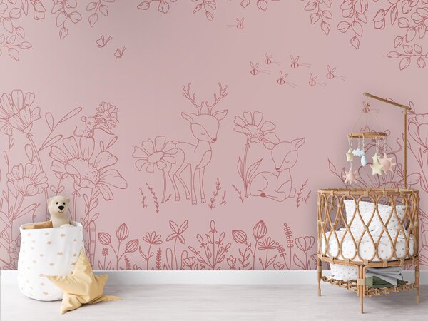 FUGU Dětská tapeta Srnky a květiny tmavě růžová – Deer Doodles Pink Dark Materiál: Digitální eko vlies - klasická tapeta nesamolepicí
