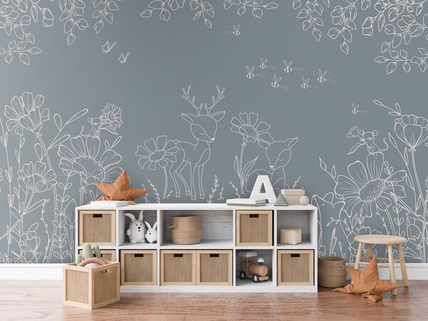 FUGU Dětská tapeta Srnky a květiny modrá – Deer Doodles Blue Materiál: Digitální eko vlies - klasická tapeta nesamolepicí