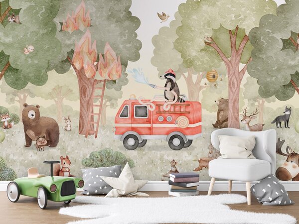 FUGU Dětská tapeta Lesní hasiči – Forest Fire Fighter Materiál: Digitální eko vlies - klasická tapeta nesamolepicí