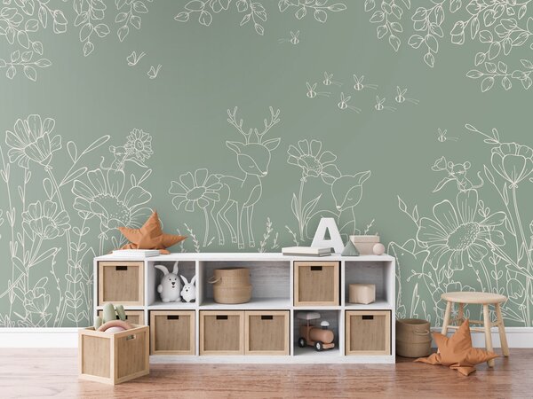 FUGU Dětská tapeta Srnky a květiny zelená – Deer Doodles Green Materiál: Digitální eko vlies - klasická tapeta nesamolepicí