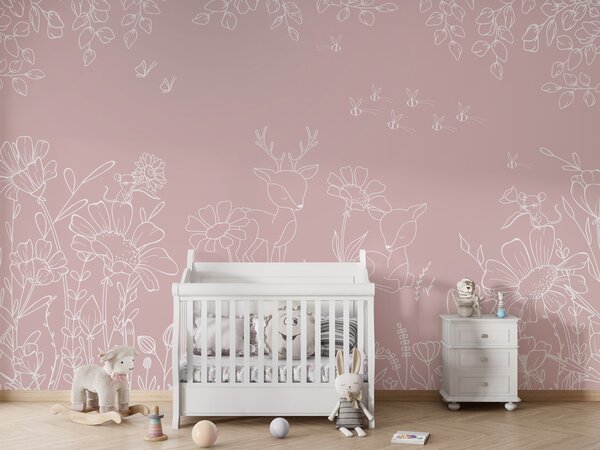 FUGU Dětská tapeta Srnky a květiny růžová – Deer Doodles Pink Materiál: Digitální eko vlies - klasická tapeta nesamolepicí