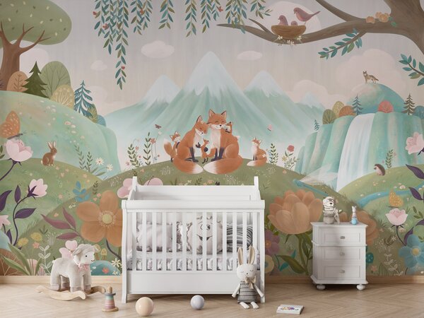 FUGU Dětská tapeta Liščí rodinka v horách – Fox Family Materiál: Digitální eko vlies - klasická tapeta nesamolepicí