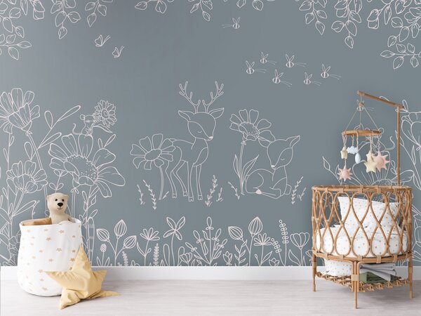 FUGU Dětská tapeta Srnky a květiny modrá – Deer Doodles Blue Materiál: Digitální eko vlies - klasická tapeta nesamolepicí