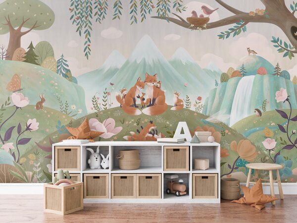 FUGU Dětská tapeta Liščí rodinka v horách – Fox Family Materiál: Digitální eko vlies - klasická tapeta nesamolepicí