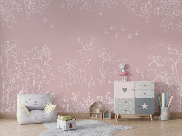 FUGU Dětská tapeta Srnky a květiny růžová – Deer Doodles Pink Materiál: Digitální eko vlies - klasická tapeta nesamolepicí