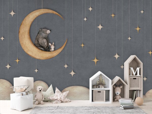 FUGU Dětská tapeta Medvídek na měsíci a hvězdy – Bear on the Moon Blue Materiál: Digitální eko vlies - klasická tapeta nesamolepicí
