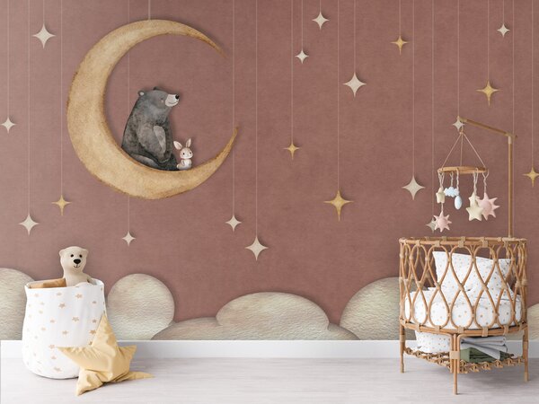 FUGU Dětská tapeta Medvídek na měsíci a hvězdy růžová – Bear on the Moon Pink Materiál: Digitální eko vlies - klasická tapeta nesamolepicí