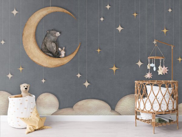 FUGU Dětská tapeta Medvídek na měsíci a hvězdy – Bear on the Moon Blue Materiál: Digitální eko vlies - klasická tapeta nesamolepicí