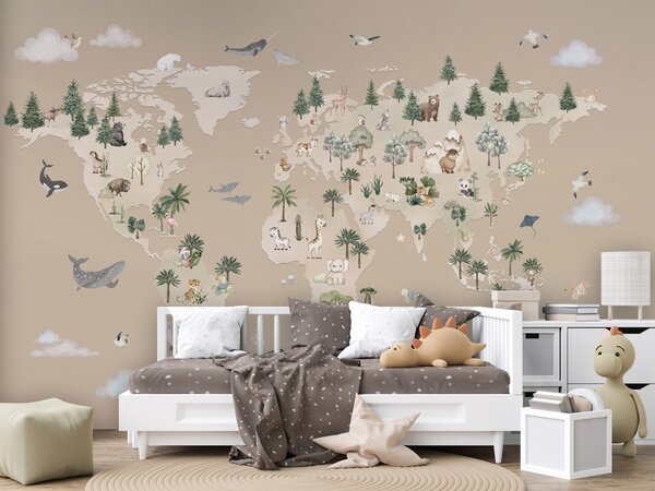 FUGU Tapeta pro děti Mapa světa se zvířátky – Animal Atlas Brown Materiál: Digitální eko vlies - klasická tapeta nesamolepicí