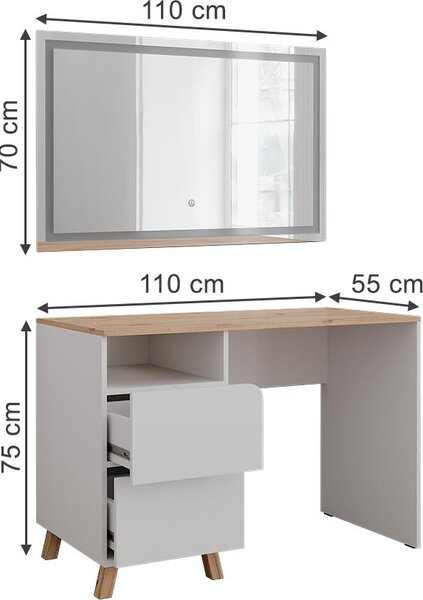 Toaletní stolek Vicco Karen Bílá/Artisan 110 cm se zrcadlem LED, Model 56532