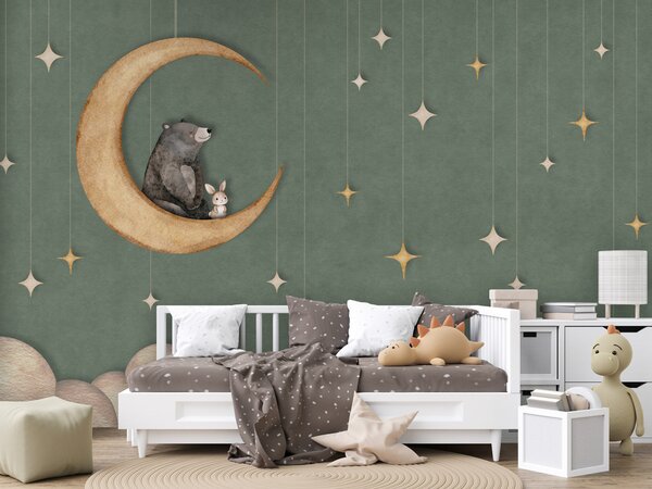 FUGU Dětská tapeta Medvídek na měsíci a hvězdy zelená – Bear on the Moon Green Materiál: Digitální eko vlies - klasická tapeta nesamolepicí