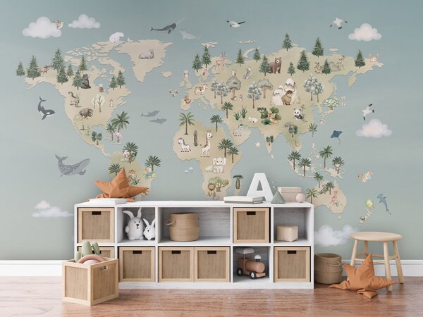 FUGU Dětská tapeta Mapa světa se zvířátky – Animal Atlas Blue Materiál: Digitální eko vlies - klasická tapeta nesamolepicí