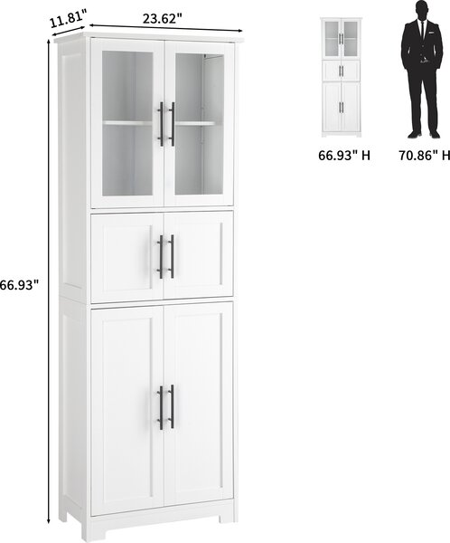 FCH Vysoká skříňka Koupelnová skříňka, kuchyňská skříňka se 6 dvířky, s nastavitelnými policemi, bílá 60 x 30 x 170 cm