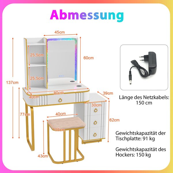Kosmetický stolek COSTWAY s LED osvětlením, bezdrátovou nabíjecí stanicí, USB portem a 4 zásuvkami, kosmetický stolek se stoličkou, bílý