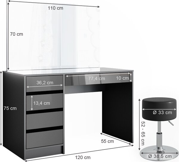 Toaletní stolek Vicco Sherry Antracit 120 cm se stoličkou, Model 36886