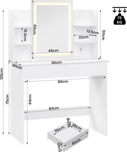 Bílý toaletní stolek se zrcadlem LED - Nastavitelný jas a 2 porty USB - Moderní kosmetický stolek do ložnice