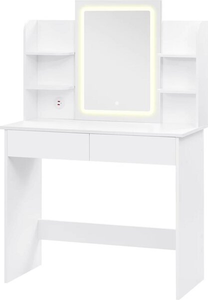 Bílý toaletní stolek se zrcadlem LED - Nastavitelný jas a 2 porty USB - Moderní kosmetický stolek do ložnice