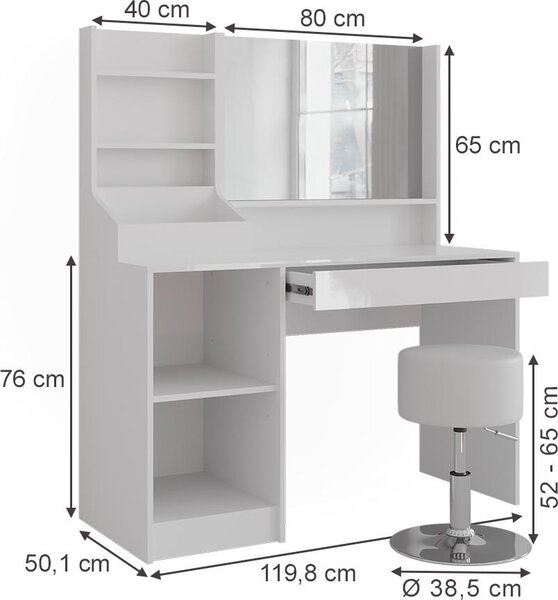 Toaletní stolek Vicco Sherry Bílá/bílý vysoký lesk 119.8 cm 4 díly, Model 57584