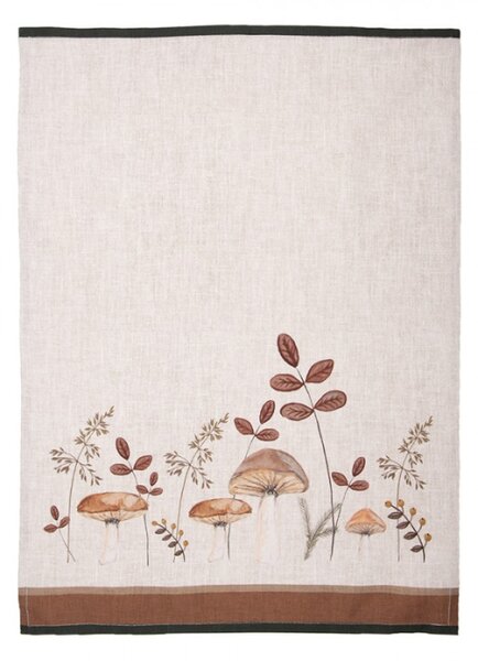 Hnědá bavlněná utěrka s podzimním motivem přírody a houbiček Little Fall Jewels II – 50x70 cm