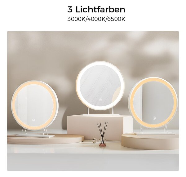 Heilmetz kosmetické zrcadlo s osvětlením Φ48cm Bílé kosmetické zrcadlo LED Stolní zrcadlo 3 barvy světla Teplá bílá/Neutrální/studená bílá (stmívatelné 3000-6500K) Dotyková vrstva