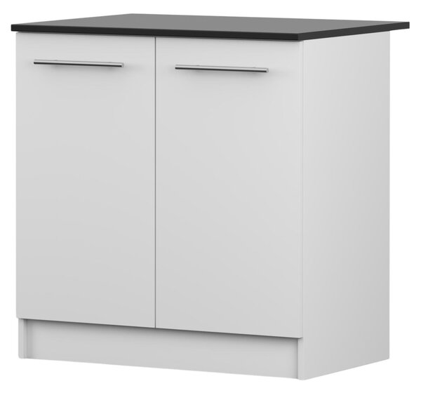 Spodní skříňka INEZ III, kuchyň, dvoudveřová kuchyňská skříňka 80 cm, bílá/černá, se dvěma křídlovými dvířky a stříbrnými kovovými úchytkami
