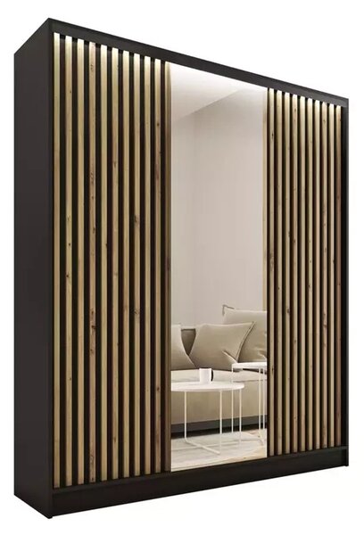 Šatní skříň INSULAR 3D 150 se zrcadlem, 4 šuplíky a 2 šatními tyčemi, černý mat/dub artisan