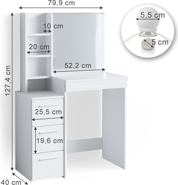Toaletní stolek Vicco Meryl Bílá 80 cm s LED osvětlením, Model 36206