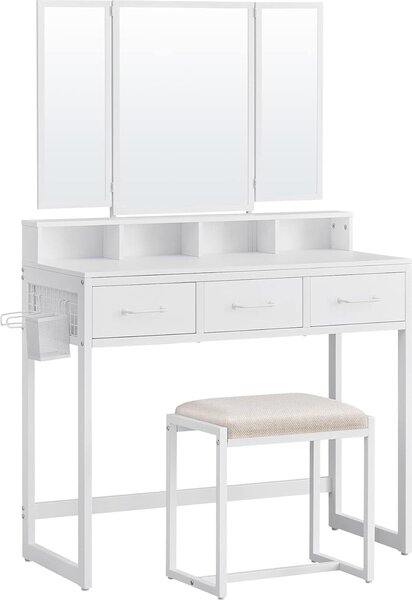 Toaletní stolek VASAGLE s čalouněnou stoličkou, toaletní stolek s trojitým zrcadlem, 3 zásuvky, držák na fén, kosmetický stolek, moderní design