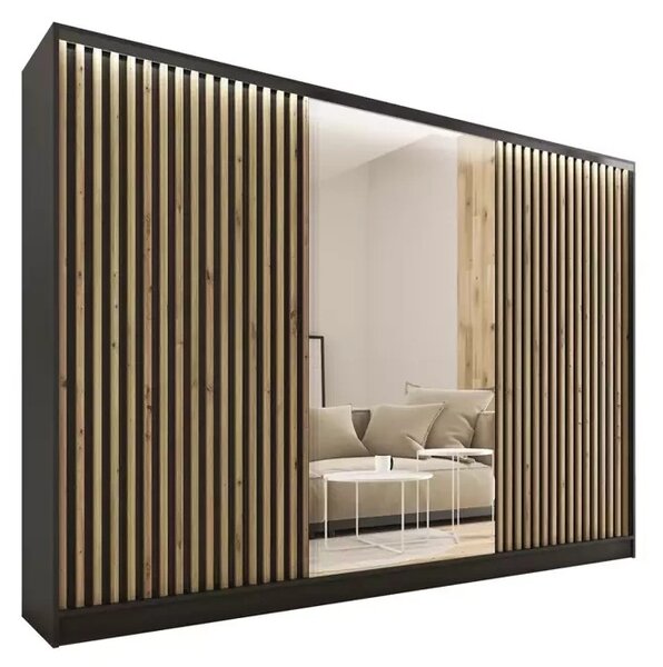 Šatní skříň INSULAR 3D 280 se zrcadlem, 4 šuplíky a 2 šatními tyčemi, černý mat/dub artisan