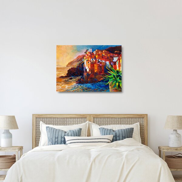 Skleněný obraz - Vesnice na pobřeží Cinque Terre, Italská riviéra, moderní impresionismus (70x50 cm)