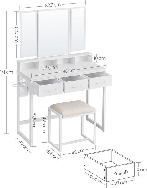Toaletní stolek VASAGLE s čalouněnou stoličkou, toaletní stolek s trojitým zrcadlem, 3 zásuvky, držák na fén, kosmetický stolek, moderní design