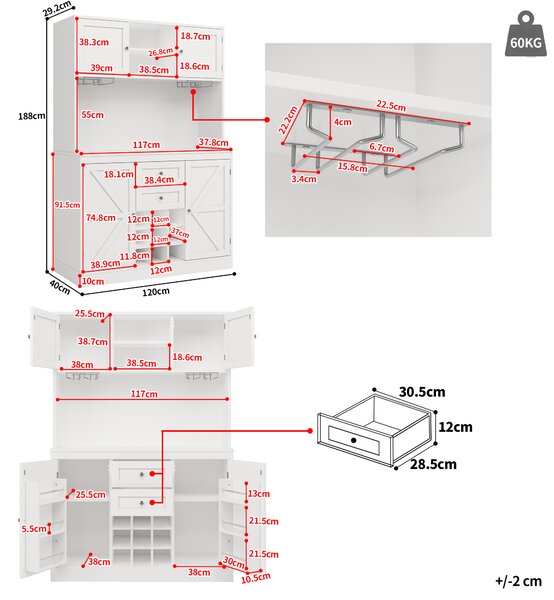 Vysoká skříňka Flieks, 120x40x188 cm, kuchyňská skříňka s nastavitelnými policemi a stojanem na víno, kuchyňský bufet se 4 dvířky, vysoká skříňka ve venkovském stylu, bílá
