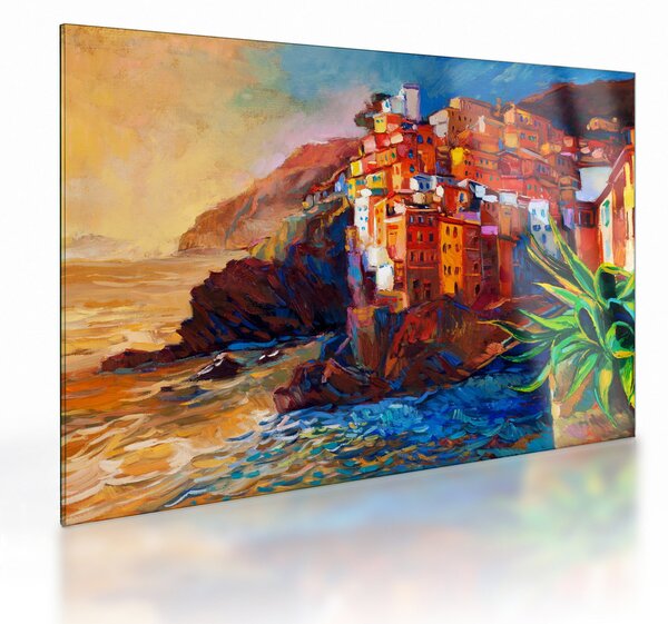 Skleněný obraz - Vesnice na pobřeží Cinque Terre, Italská riviéra, moderní impresionismus (70x50 cm)
