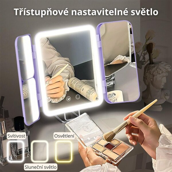 LED kosmetické zrcadlo s osvětlením a 1X/3X/7X zvětšením – dotykové ovládání, skládací trojkřídlé zrcadlo – stolní i cestovní – bílá