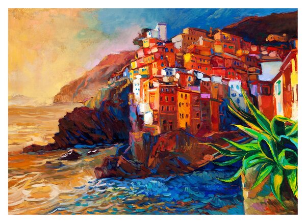 Skleněný obraz - Vesnice na pobřeží Cinque Terre, Italská riviéra, moderní impresionismus (70x50 cm)