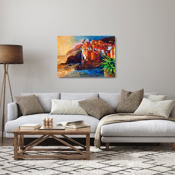 Skleněný obraz - Vesnice na pobřeží Cinque Terre, Italská riviéra, moderní impresionismus (70x50 cm)